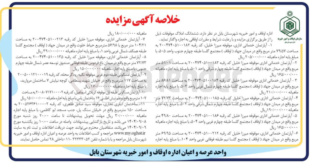تصویر کوچک آگهی اجاره ششدانگ آپارتمان خدماتی اداری مسکونی انباری تجاری در 11 ردیف