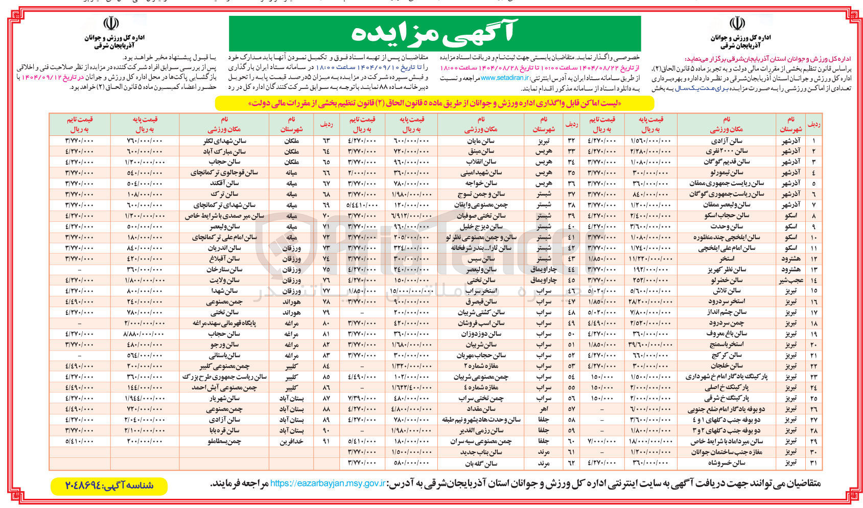 تصویر کوچک آگهی بهره برداری تعدادی از اماکن ورزشی در 91 ردیف
