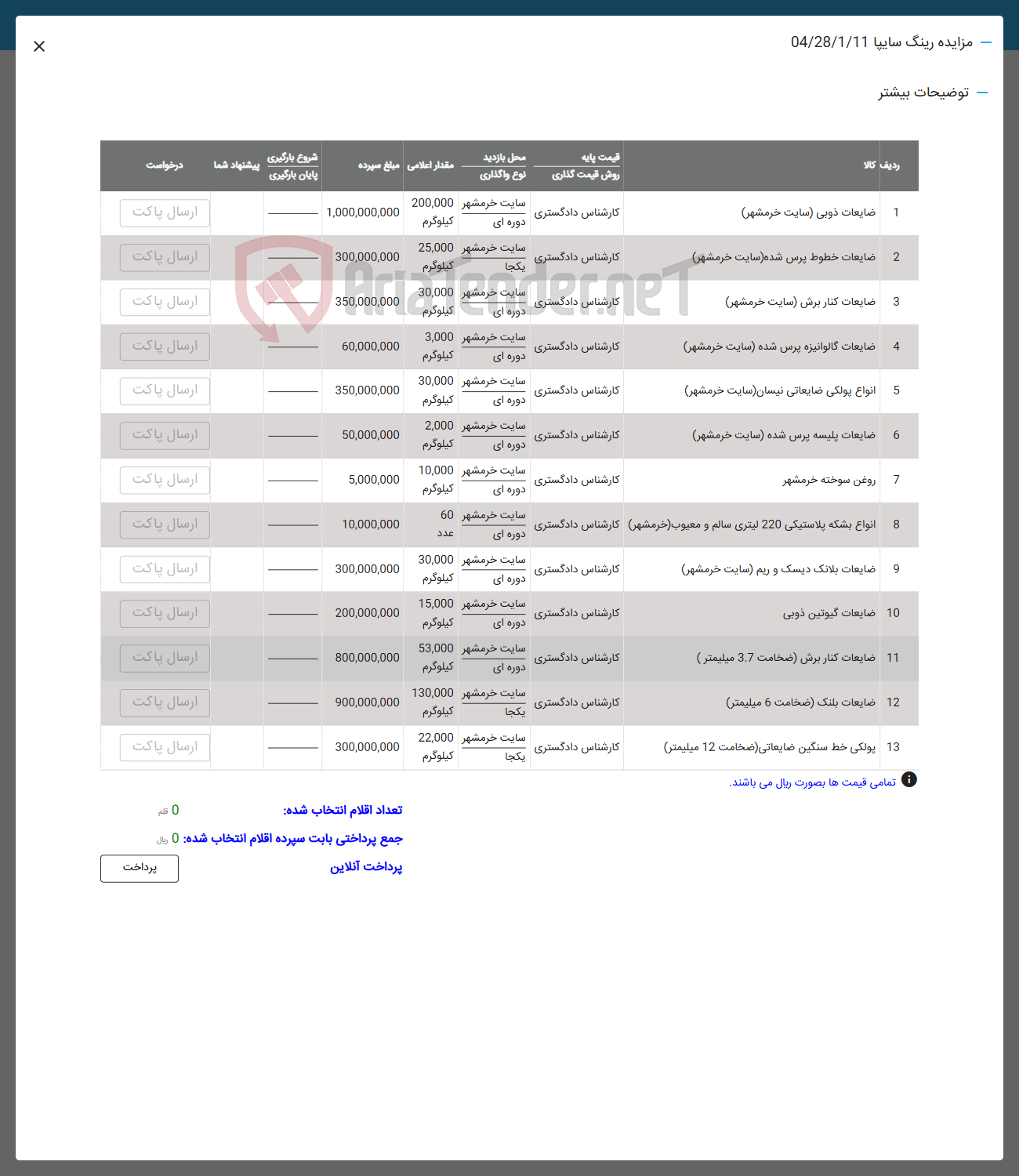تصویر کوچک آگهی فروش ضایعات ذوبی ( سایت خرمشهر ) - ضایعات خطوط پرس شده (سایت خرمشهر ) - ضایعات کنار برش (سایت خرمشهر ) - ضایعات گالوانیزه پرس شده (سایت خرمشهر ) - انواع پولکی ضایعاتی نیسان ( سایت خرمشهر ) - ضایعات پلیسه پرس شده ( سایت خرمشهر ) - روغن سوخته خرمشهر - انواع بشکه پلاستیکی 220 لیتری سالم و معیوب ( خرمشهر ) - ضایعات بلانک دیسک و ریم (سایت خرمشهر ) - ضایعات گیوتین ذوبی - ضایعات کنار برش ضخامت 3.7 میلیمتر - ضایعات بلنک ضخامت 6 میلیمتر - پولكی خط سنگین ضایعاتی ( ضخامت 12 میلیمتر )