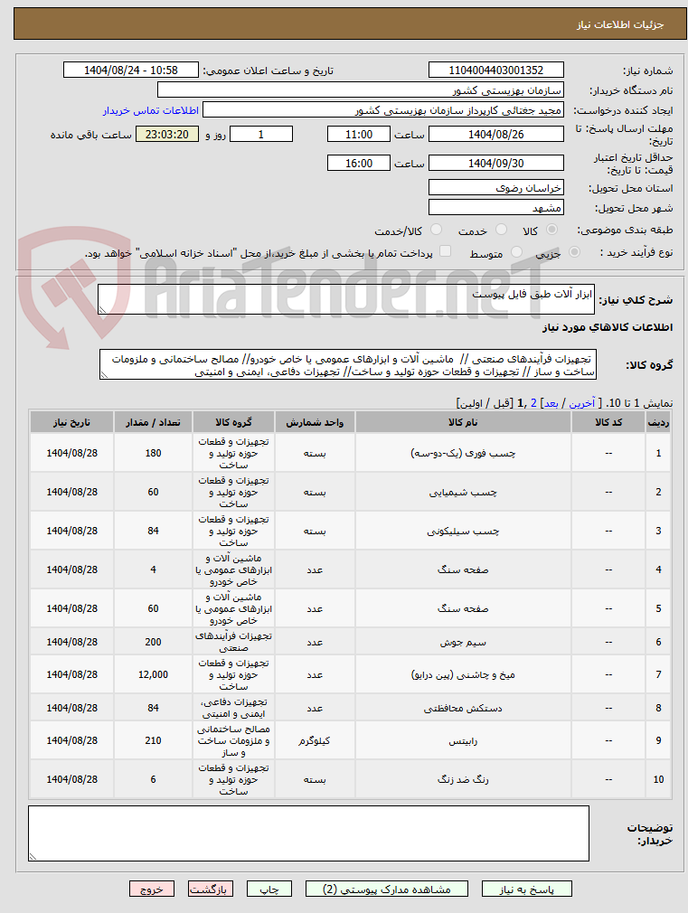 تصویر کوچک آگهی ابزار آلات طبق فایل پیوست