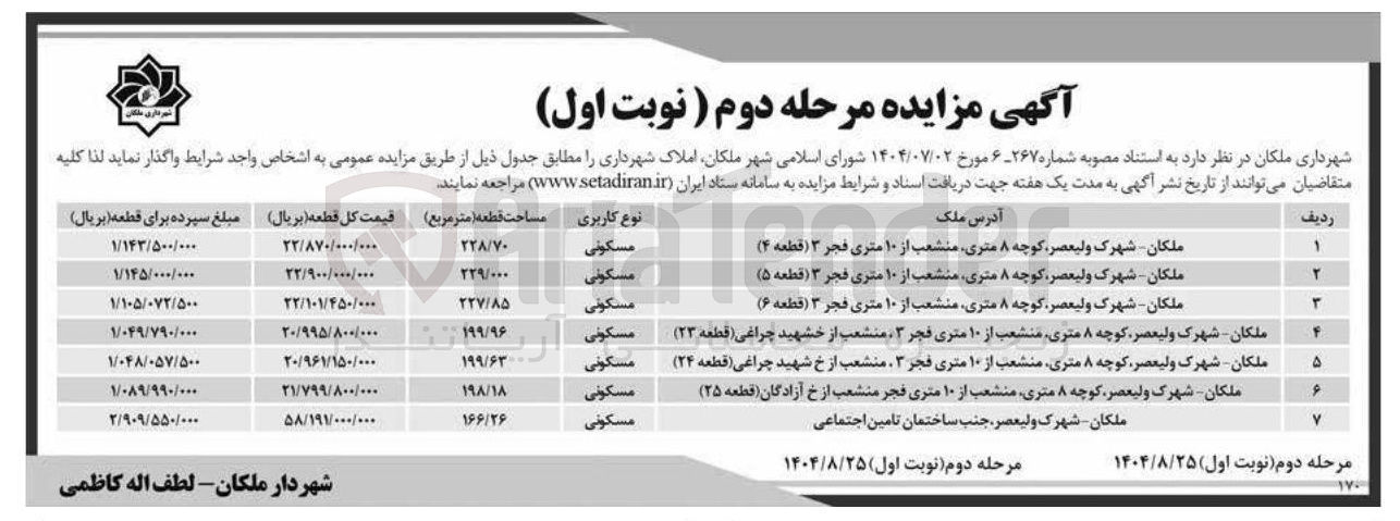 تصویر کوچک آگهی فروش املاک مسکونی در 7 ردیف