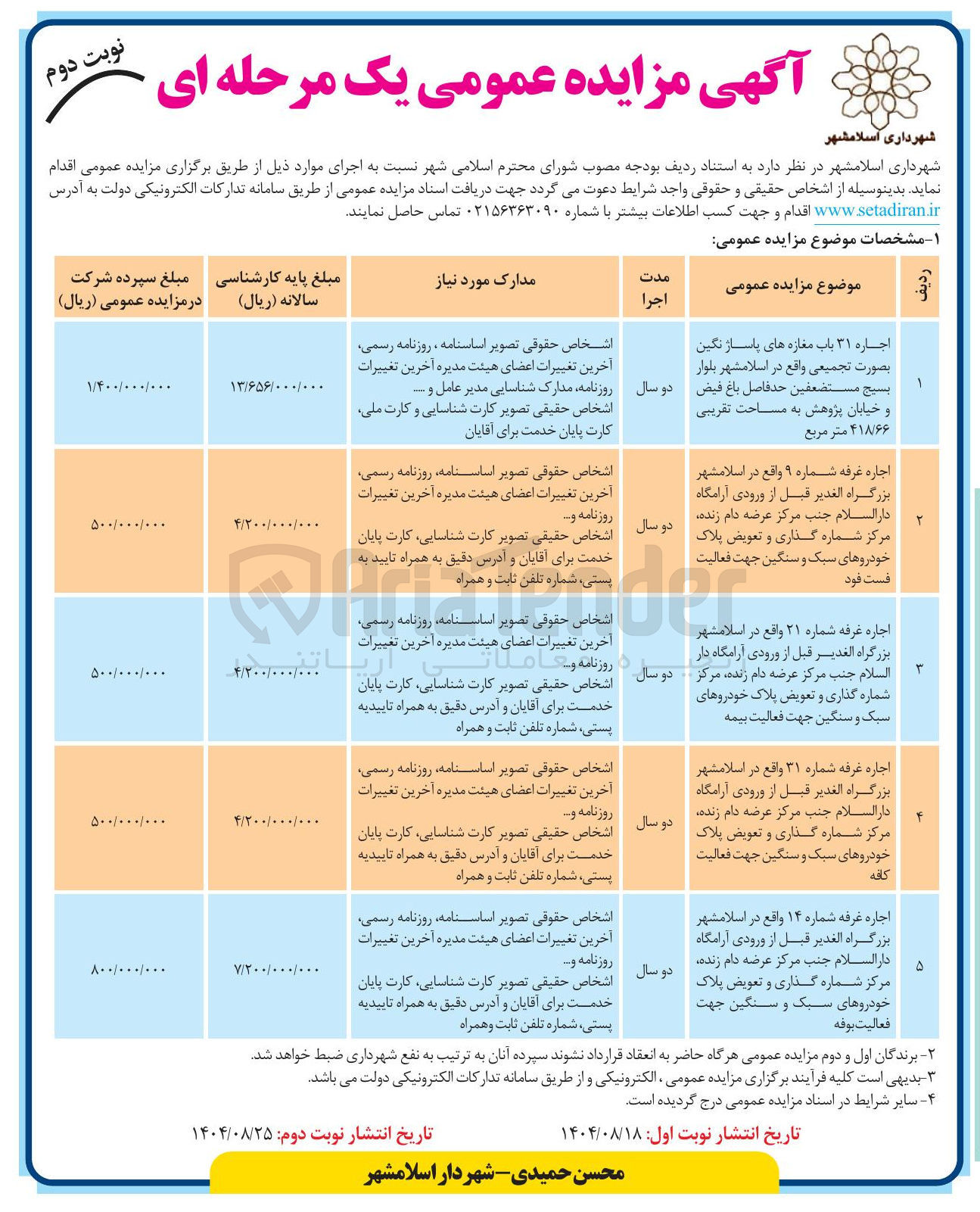 تصویر کوچک آگهی اجاره ۳۱ باب مغازه های پاساژ نگین بصورت تجمیعی به مساحت تقریبی ۴۱۸/۶۶ متر مربع - اجاره غرفه شماره ۹ جهت فعالیت فست فود - اجاره غرفه شماره ۲۱ جهت فعالیت بیمه - اجاره غرفه شماره ۳۱ جهت فعالیت کافه - اجاره غرفه شماره ۱۴ جهت فعالیت بوفه 