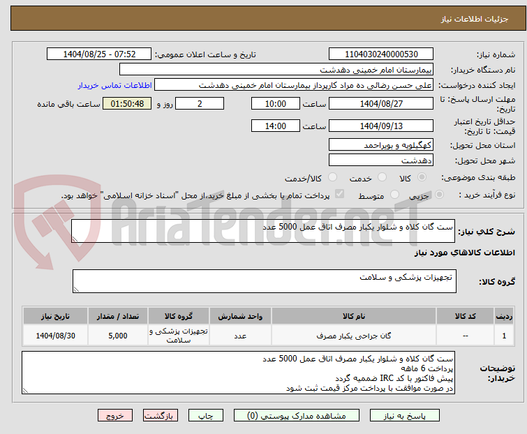 تصویر کوچک آگهی ست گان کلاه و شلوار یکبار مصرف اتاق عمل 5000 عدد