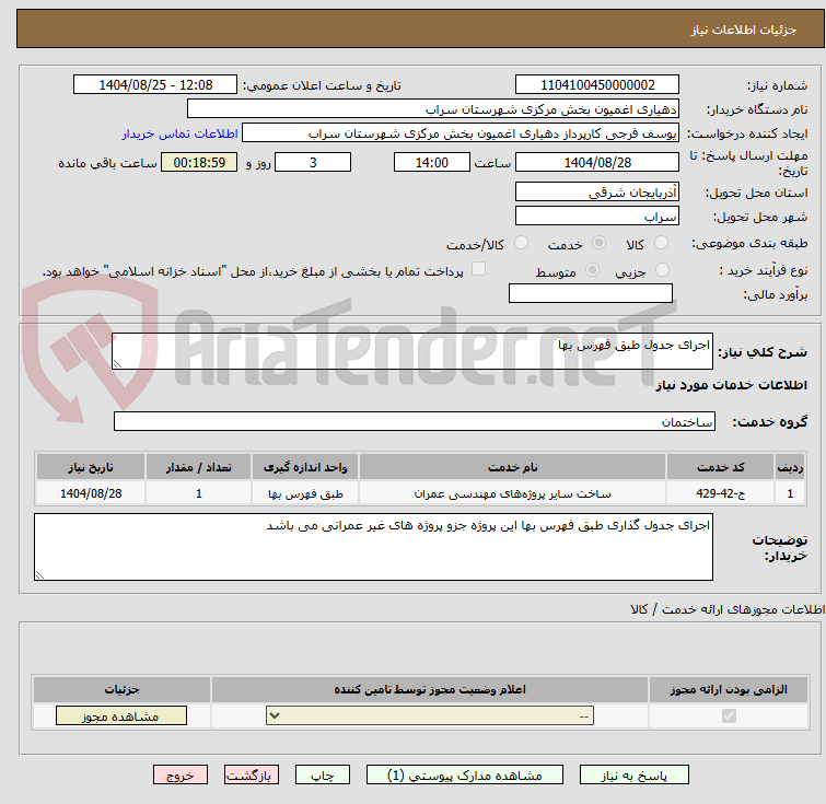 تصویر کوچک آگهی اجرای جدول طبق فهرس بها