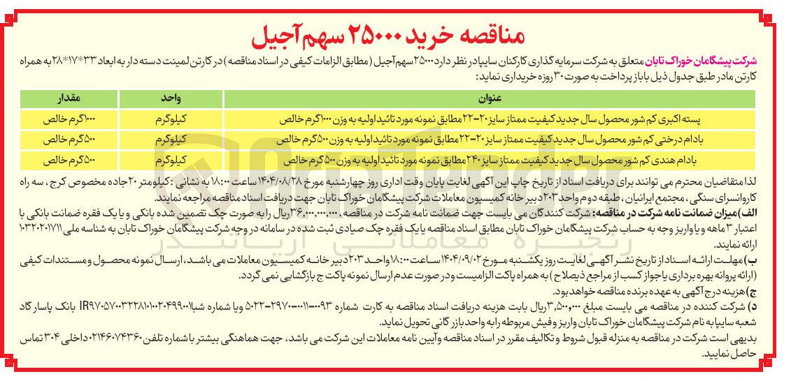 تصویر کوچک آگهی بادام درختی کم شور محصول سال جدید کیفیت ممتاز سایز ۲۰-۲۲ مطابق نمونه مورد تائید اولیه به وزن ۵۰۰ گرم خالص