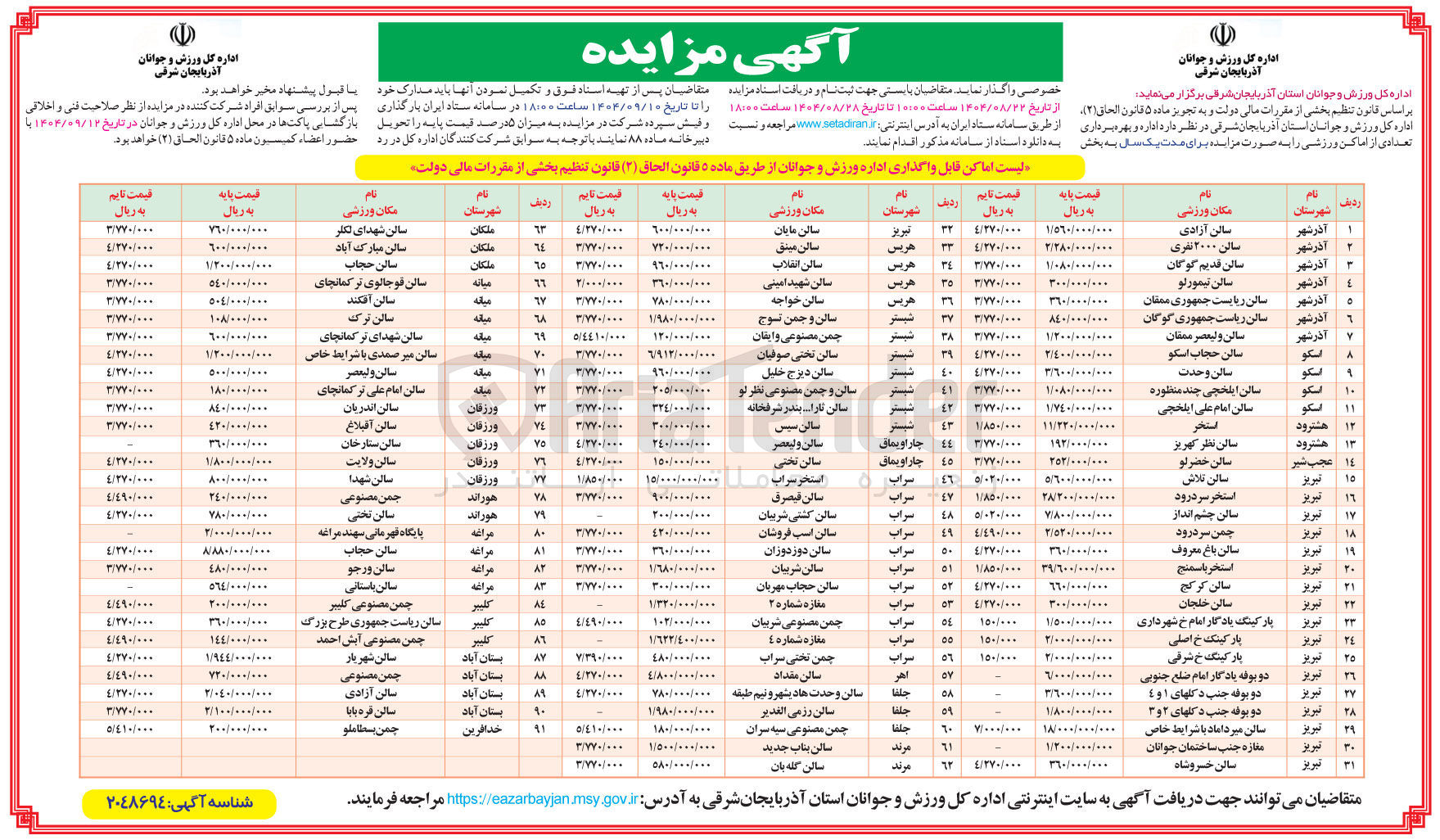 تصویر کوچک آگهی تعدادی از اماکن ورزشی را به صورت مزایده برای مدت یک سال