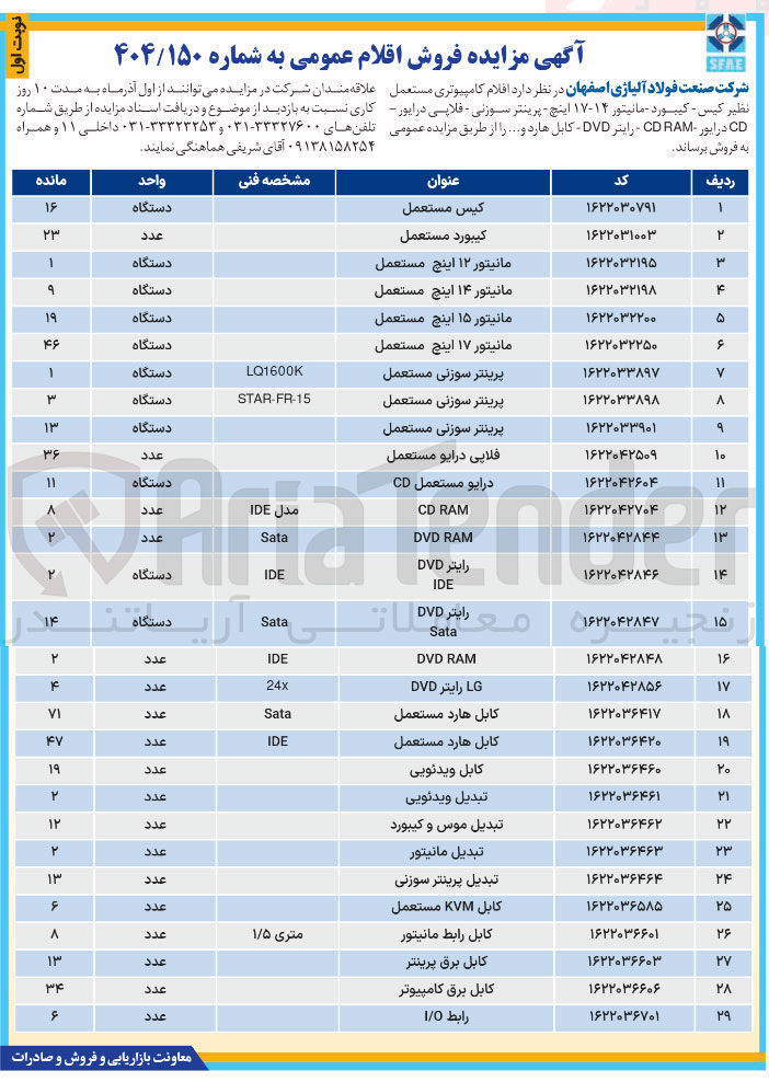 تصویر کوچک آگهی فروش اقلام کامپیوتری مستعمل نظیر کیس - کیبورد - مانیتور ۱۴-۱۷ اینچ - پرینتر سوزنی - فلاپی درایور - CD درایور RAM CD - رایتر DVD کابل هارد و ..