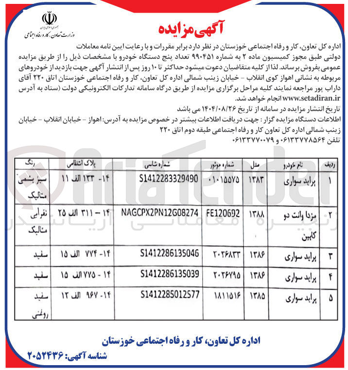 تصویر کوچک آگهی فروش تعداد پنج دستگاه خودرو
