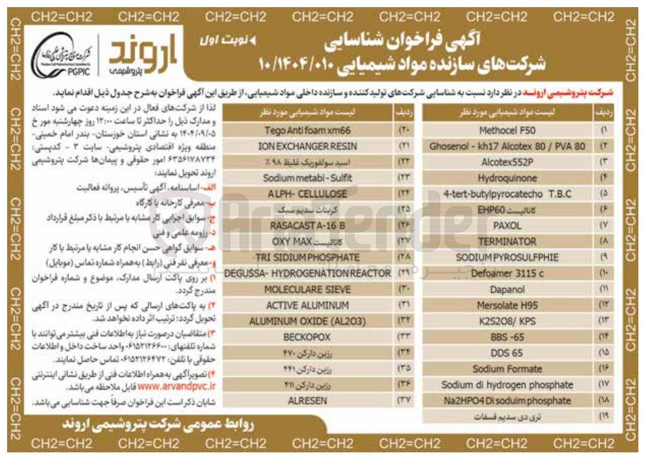 تصویر کوچک آگهی  شناسایی شرکتهای تولید کننده و سازنده داخلی مواد شیمیایی