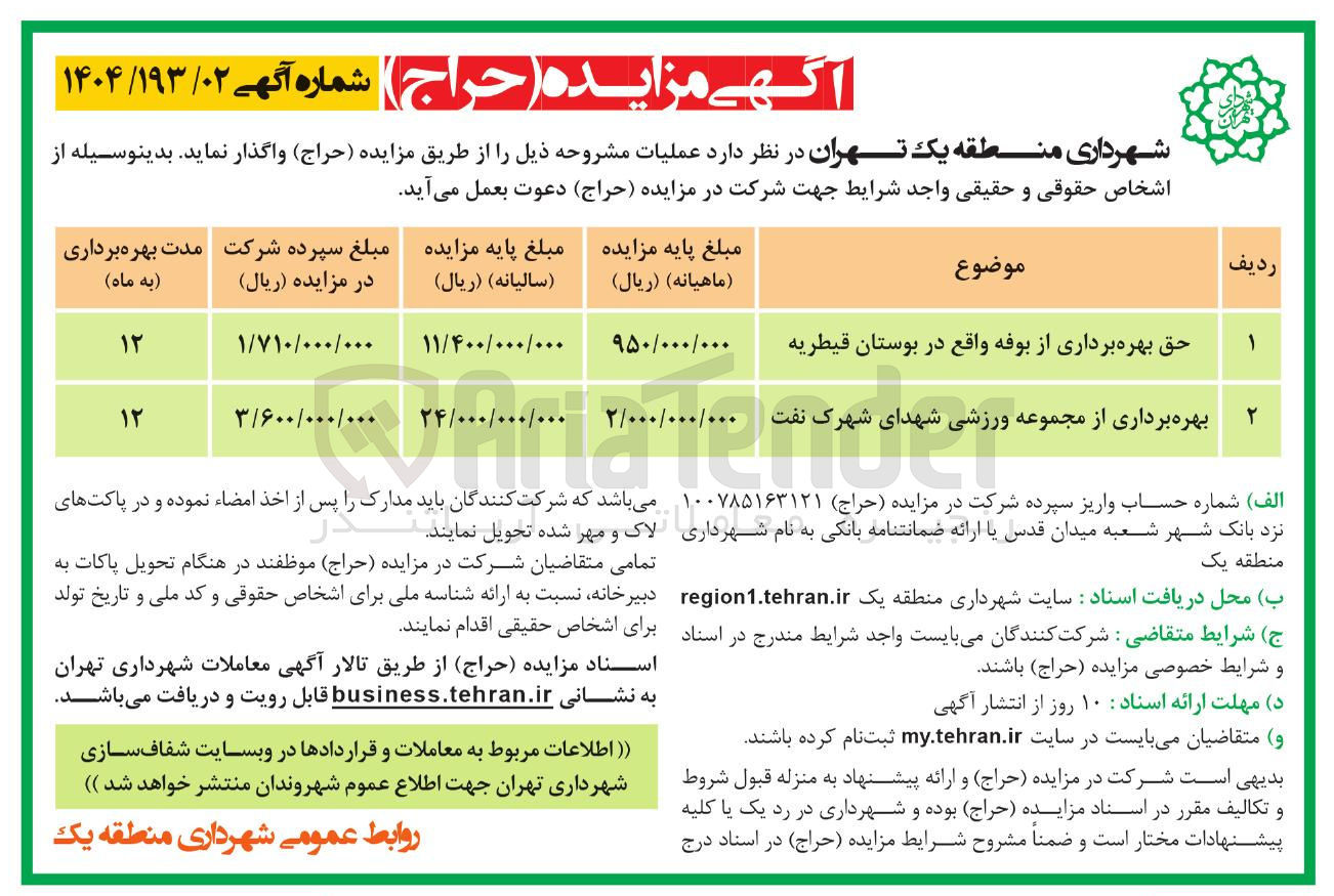 تصویر کوچک آگهی حق بهره برداری از بوفه - بهره برداری از مجموعه ورزشی شهدای شهرک نفت
