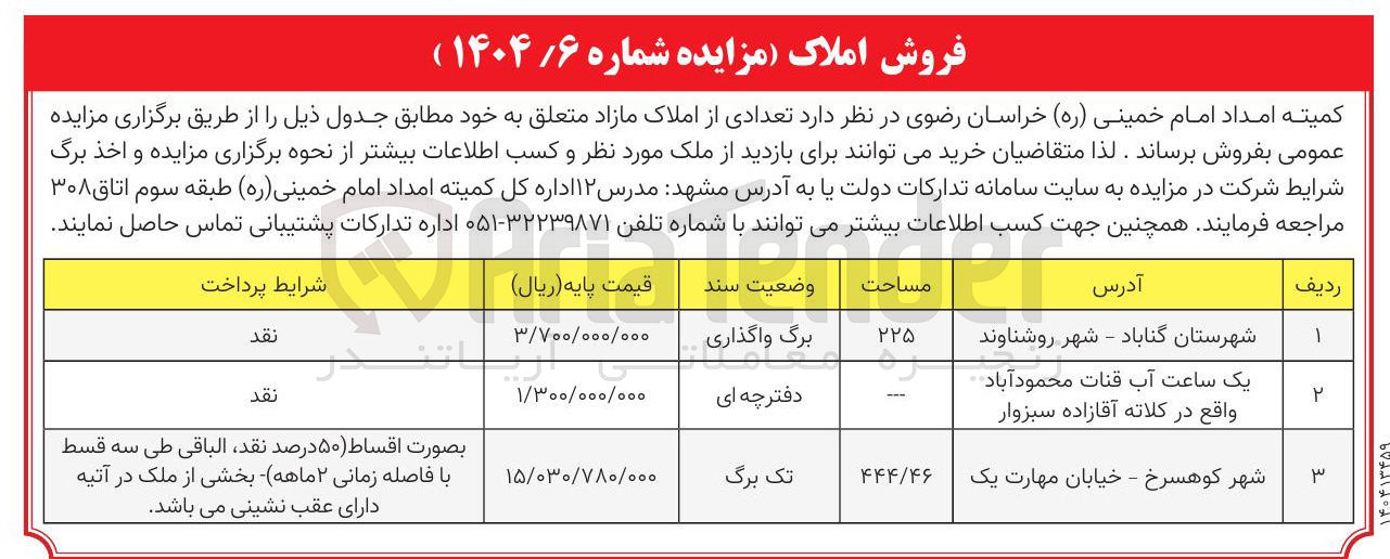 تصویر کوچک آگهی تعدادی از املاک مازاد