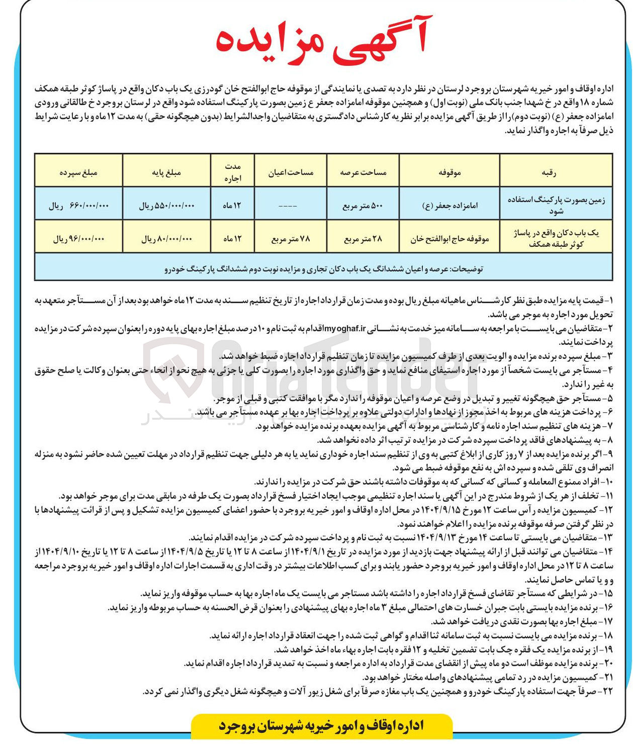 تصویر کوچک آگهی اجاره عرصه و اعیان ششدانگ یک باب دکان تجاری و ششدانگ پارکینگ خودرو