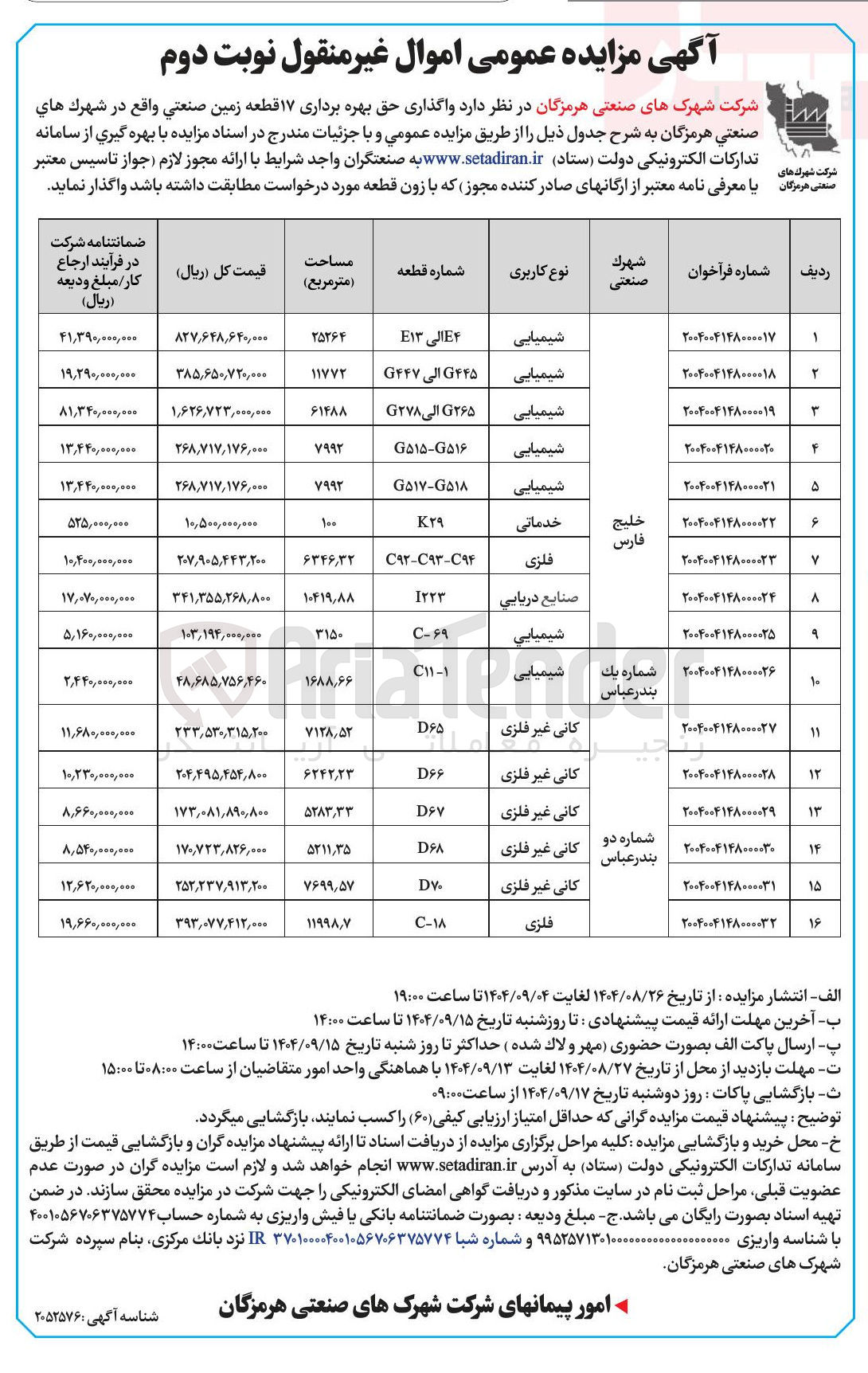 تصویر کوچک آگهی واگذاری حق بهره برداری ۱۷ قطعه زمین صنعتی