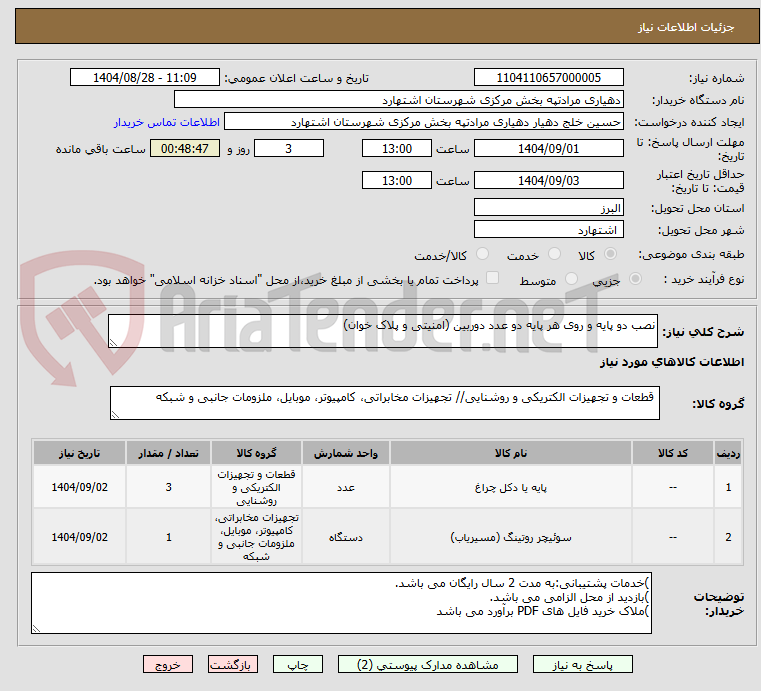 تصویر کوچک آگهی نصب دو پایه و روی هر پایه دو عدد دوربین (امنیتی و پلاک خوان)