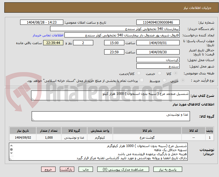 تصویر کوچک آگهی شنسیل منجمد مرغ ( سینه بدون استخوان ) 1000 هزار کیلو 