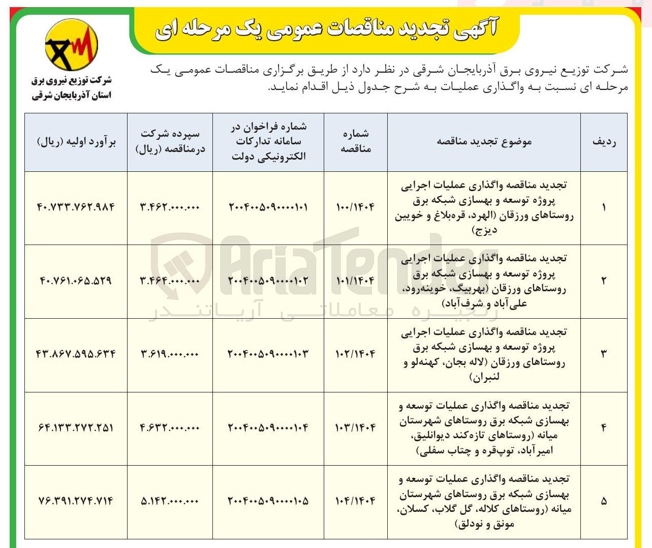 تصویر کوچک آگهی واگذاری عملیات اجرایی پروژه توسعه و بهسازی شبکه برق