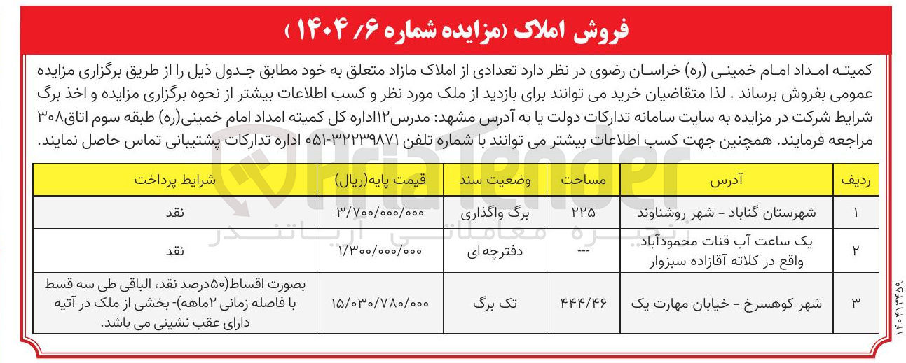 تصویر کوچک آگهی تعدادی از املاک مازاد
