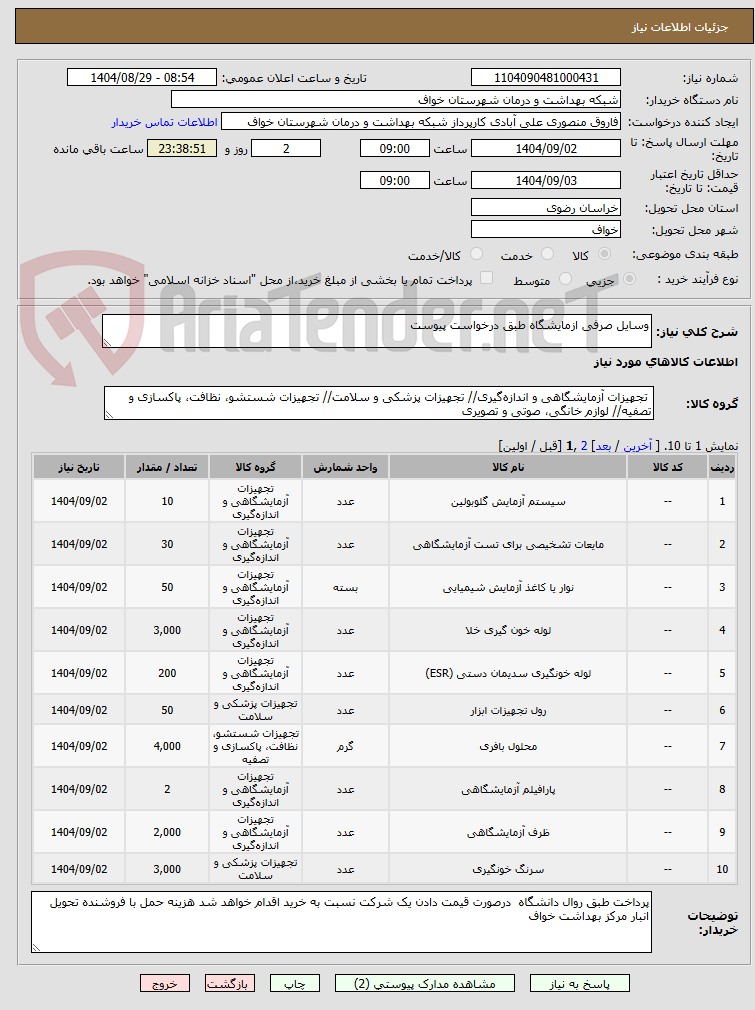 تصویر کوچک آگهی وسایل صرفی ازمایشگاه طبق درخواست پیوست