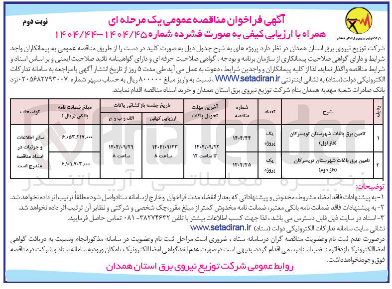 تصویر کوچک آگهی تامین برق باغات شهرستان تویسرکان ( فاز اول ) 

