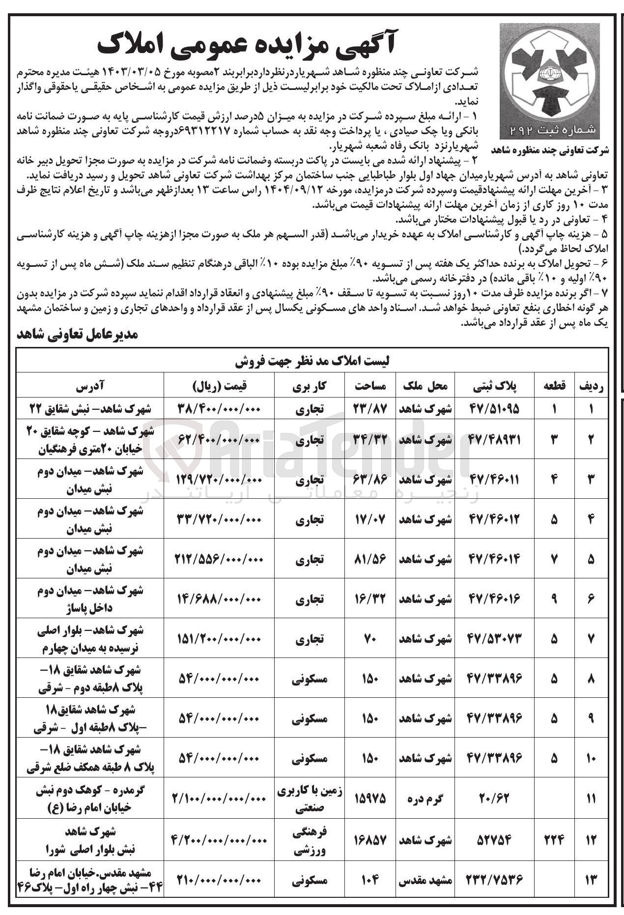 تصویر کوچک آگهی فروش املاک در 13 ردیف با کاربری تجاری - مسکونی - صنعتی - فرهنگی ورزشی