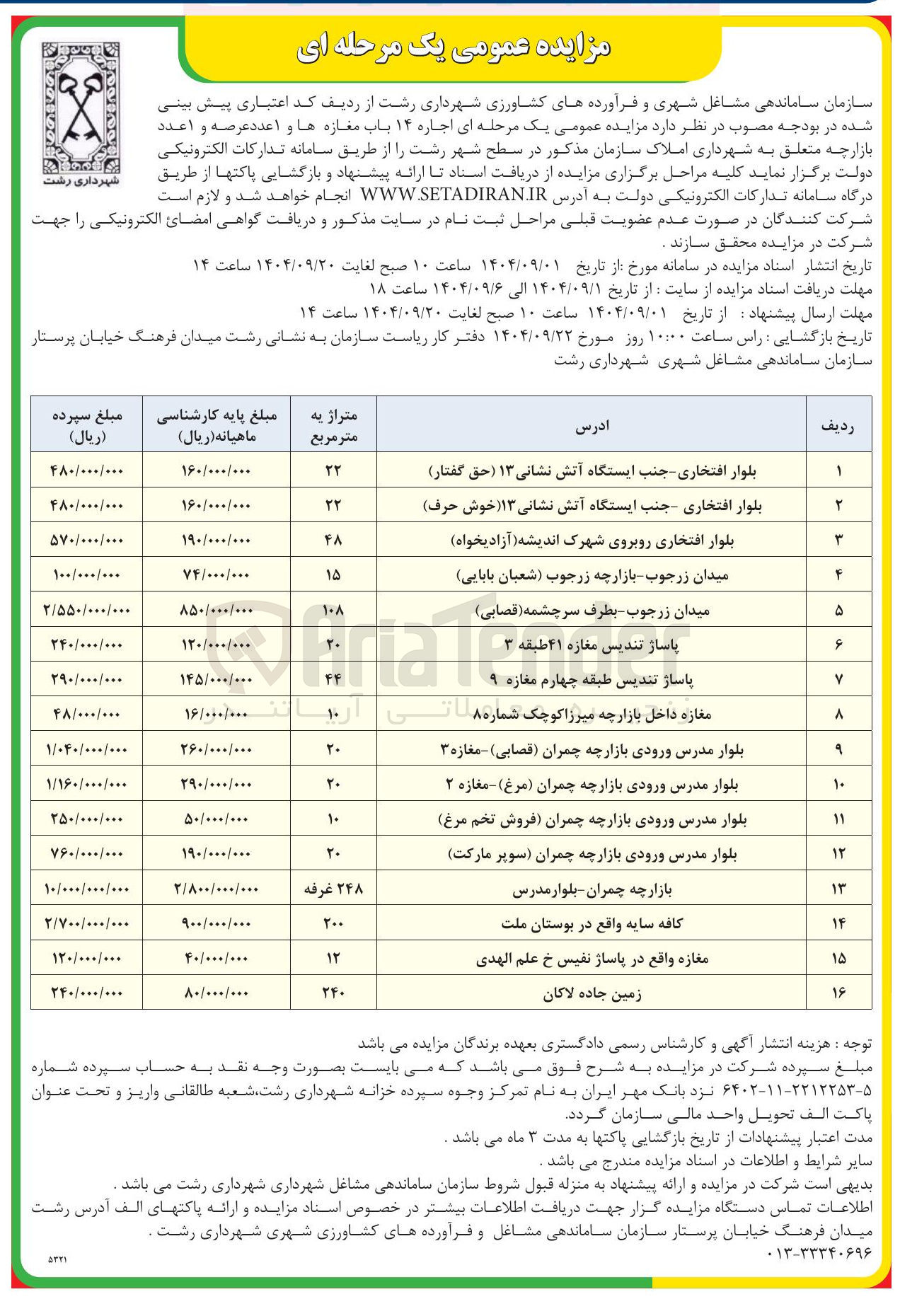 تصویر کوچک آگهی  اجاره ۱۴ باب مغازه ها و 1 عدد عرصه و 1 عدد بازارچه 