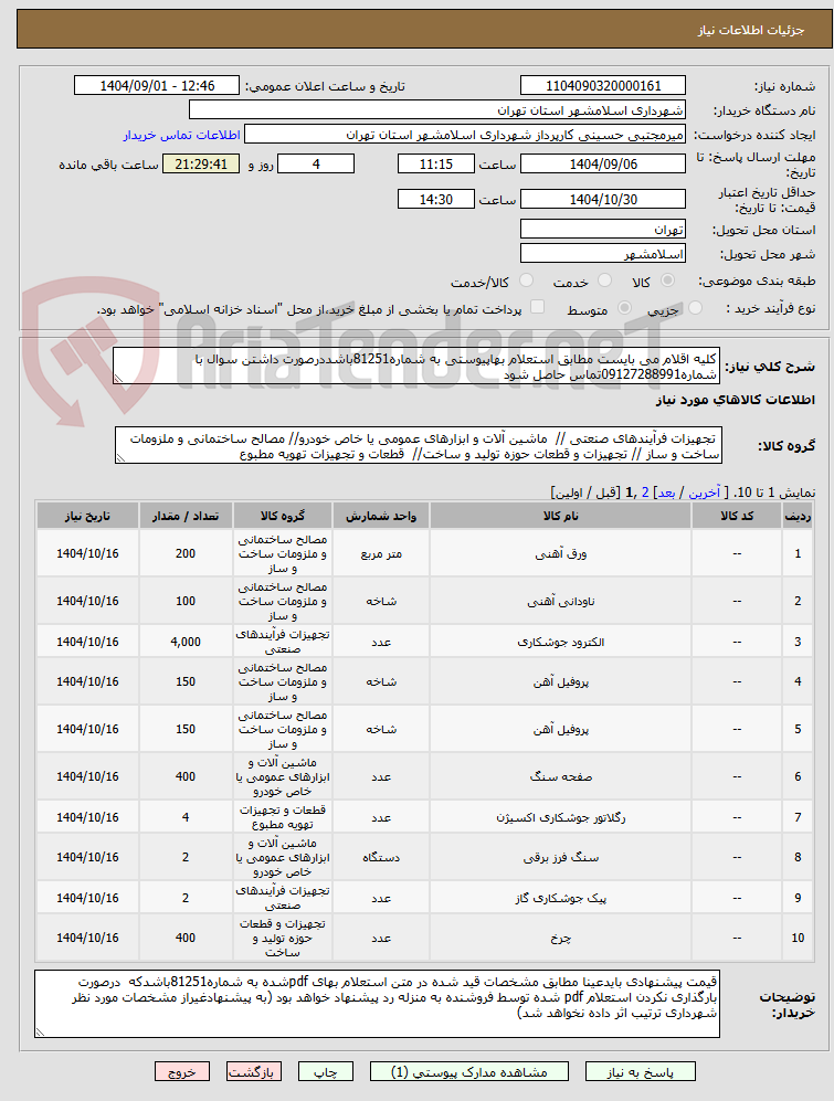تصویر کوچک آگهی کلیه اقلام می بایست مطابق استعلام بهاپیوستی به شماره81251باشددرصورت داشتن سوال با شماره09127288991تماس حاصل شود