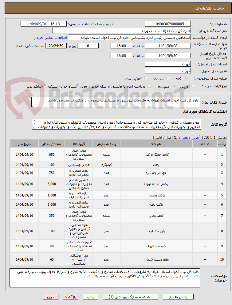 تصویر کوچک آگهی اداره کل ثبت احوال استان تهران به ملزومات پیوستی با مشخصات مندرج و با کیفت نیازمند می باشد