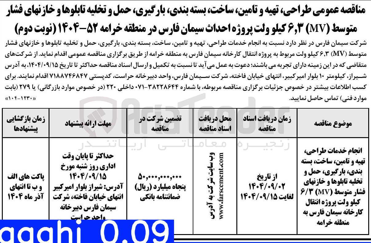 تصویر کوچک آگهی انجام خدمات طراحی تهیه و تامین ساخت بسته بندی بارگیری حمل و تخلیه تابلوها و خازنهای فشار متوسط ( M ) / کیلو ولت پروژه 