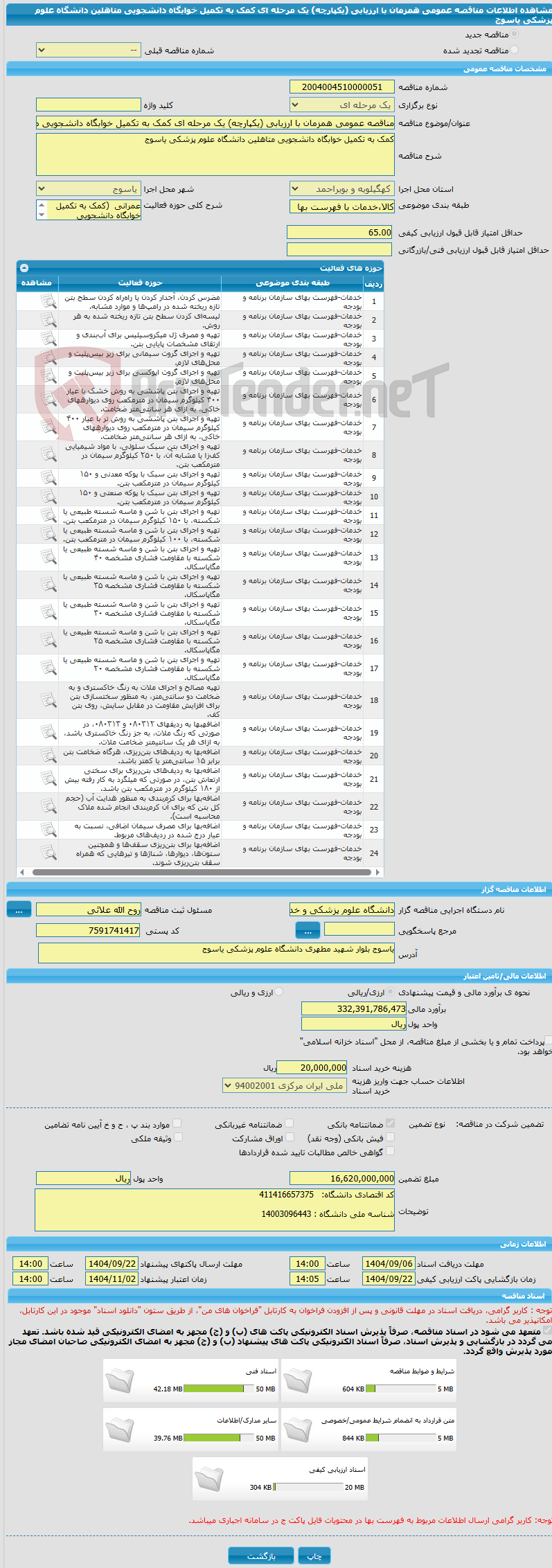 تصویر کوچک آگهی مناقصه عمومی همزمان با ارزیابی (یکپارچه) یک مرحله ای کمک به تکمیل خوابگاه دانشجویی متاهلین دانشگاه علوم پزشکی یاسوج