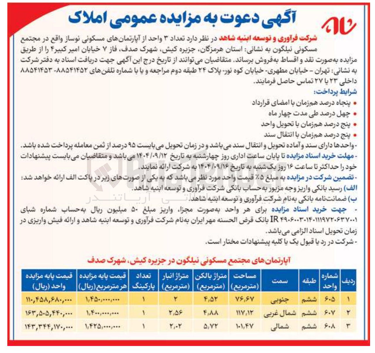 تصویر کوچک آگهی فروش تعداد ۳ واحد از آپارتمان های مسکونی نوساز 