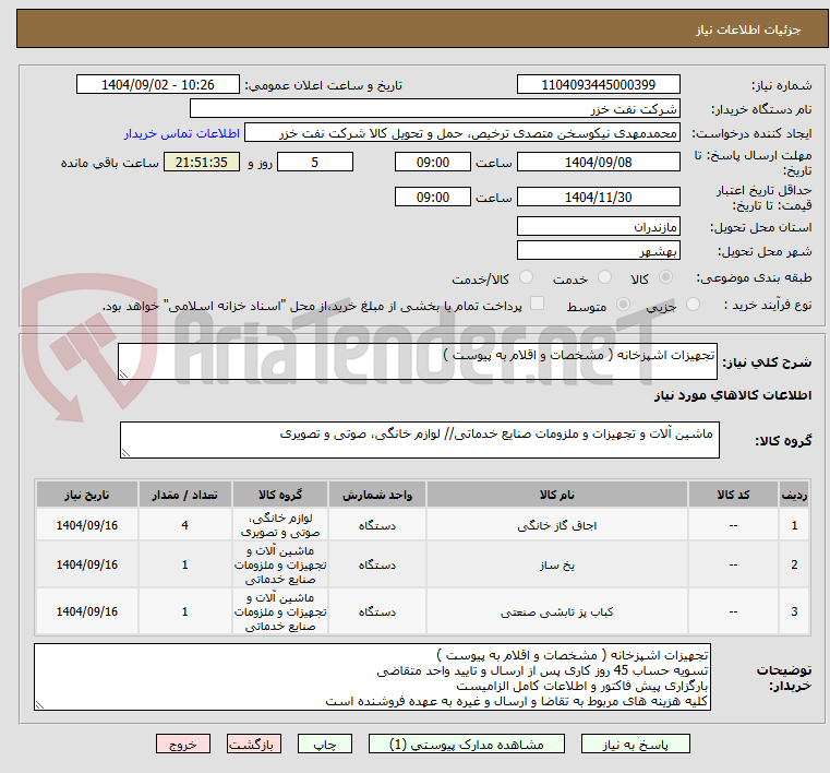 تصویر کوچک آگهی تجهیزات اشپزخانه ( مشخصات و اقلام به پیوست )