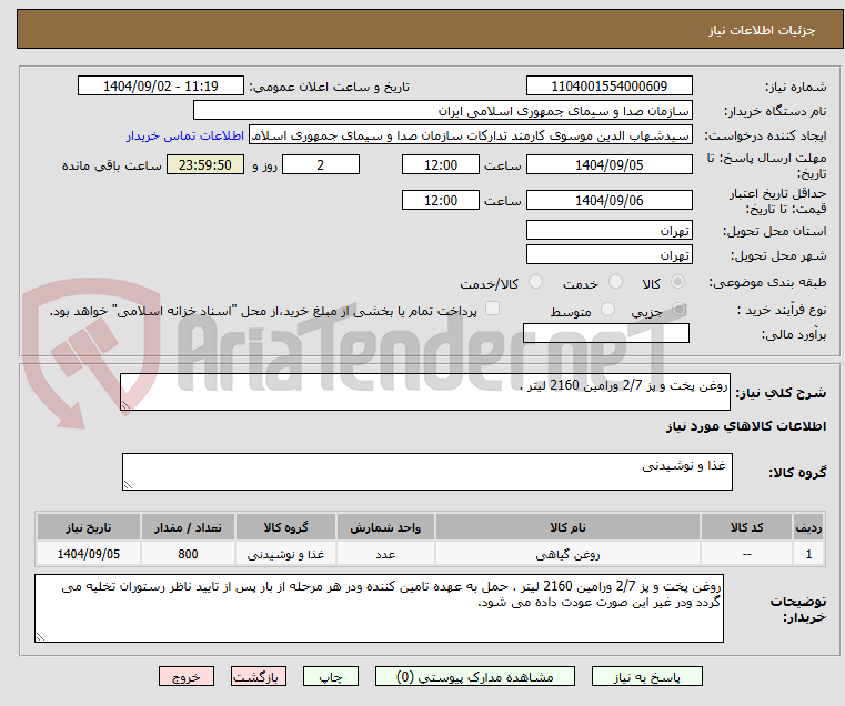 تصویر کوچک آگهی روغن پخت و پز 2/7 ورامین 2160 لیتر .
