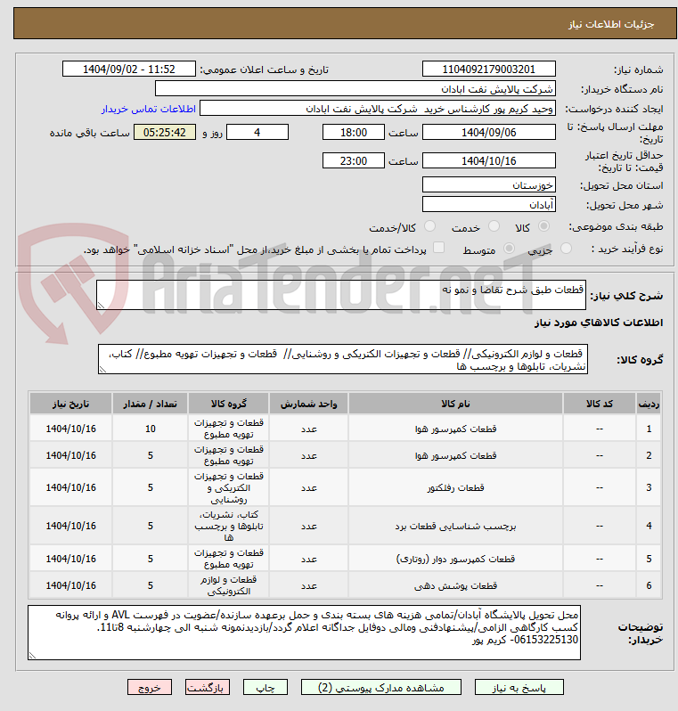 تصویر کوچک آگهی قطعات طبق شرح تقاضا و نمو نه