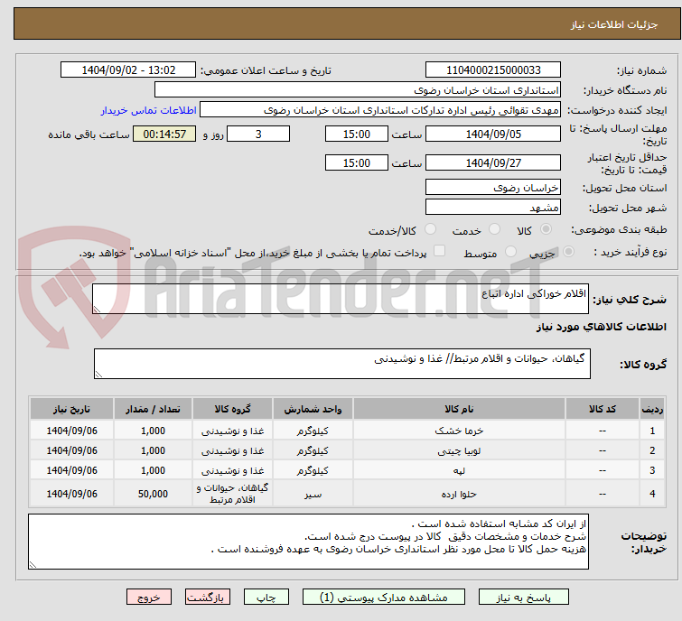 تصویر کوچک آگهی اقلام خوراکی اداره اتباع
