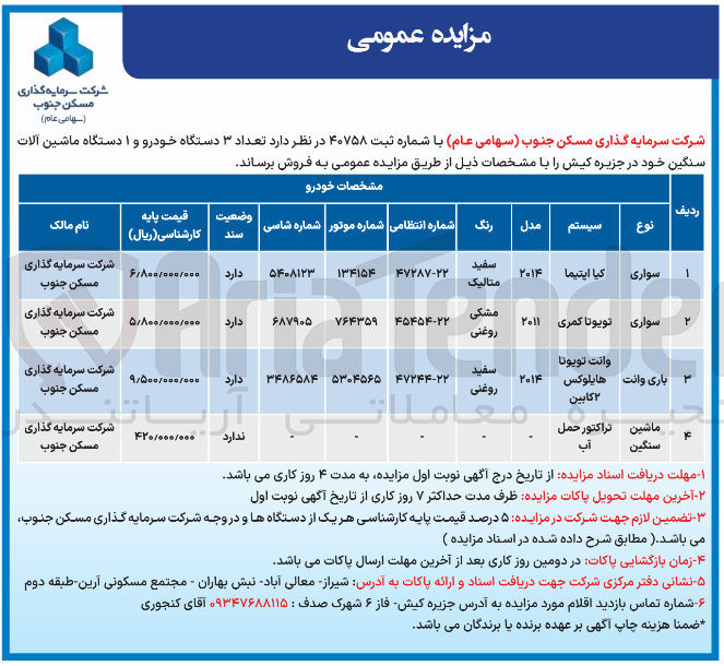 تصویر کوچک آگهی تعداد ۳ دستگاه خودرو و ۱ دستگاه ماشین آلات سنگین