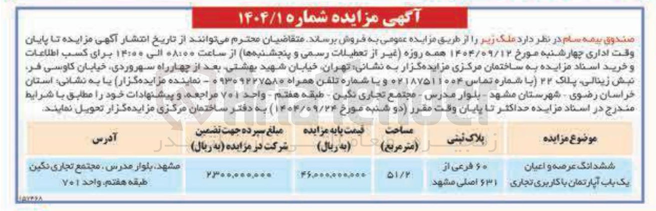 تصویر کوچک آگهی فروش ششدانگ عرصه و اعیان یک باب آپارتمان با کاربری تجاری