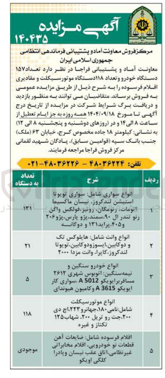 تصویر کوچک آگهی فروش تعداد ۱۵۷ دستگاه خودرو و تعداد ۱۱۸ دستگاه موتور سیکلت و مقادیری اقلام فرسوده