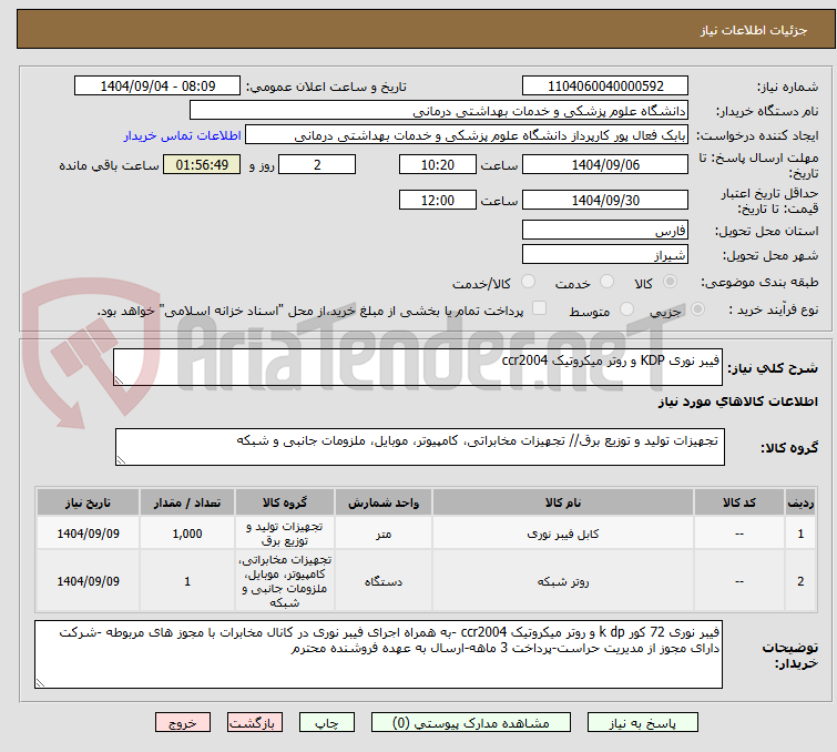 تصویر کوچک آگهی فیبر نوری KDP و روتر میکروتیک ccr2004 