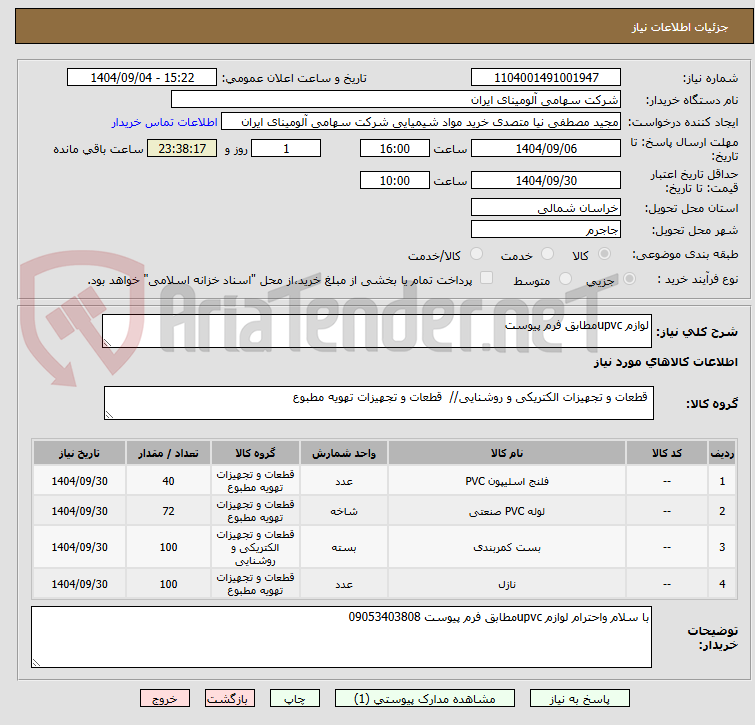 تصویر کوچک آگهی لوازم upvcمطابق فرم پیوست 