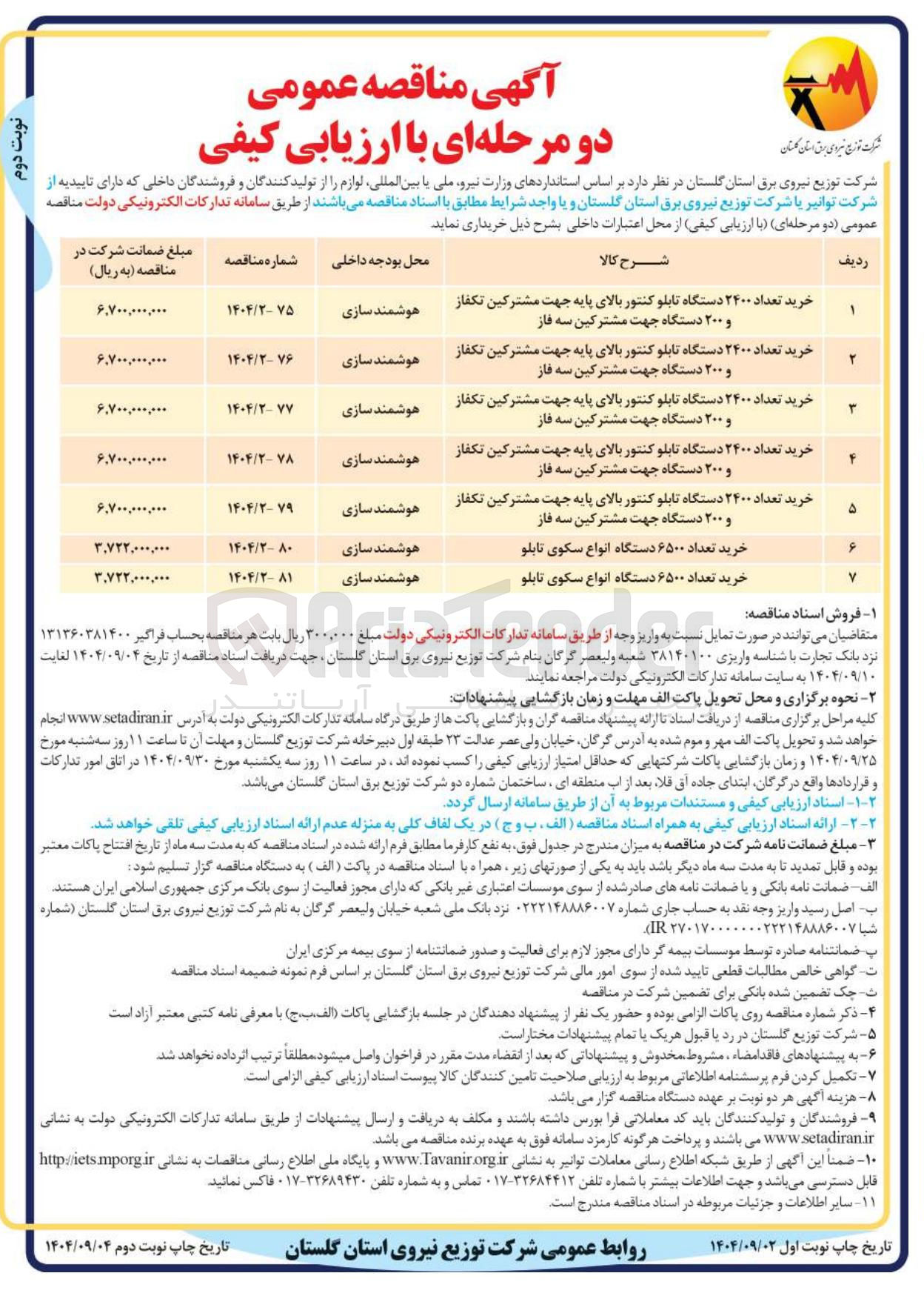 تصویر کوچک آگهی خرید تعداد ۲۴۰۰ دستگاه تابلو کنتور بالای پایه جهت مشترکین تکفاز و ۲۰۰ دستگاه جهت مشترکین سه فاز 
