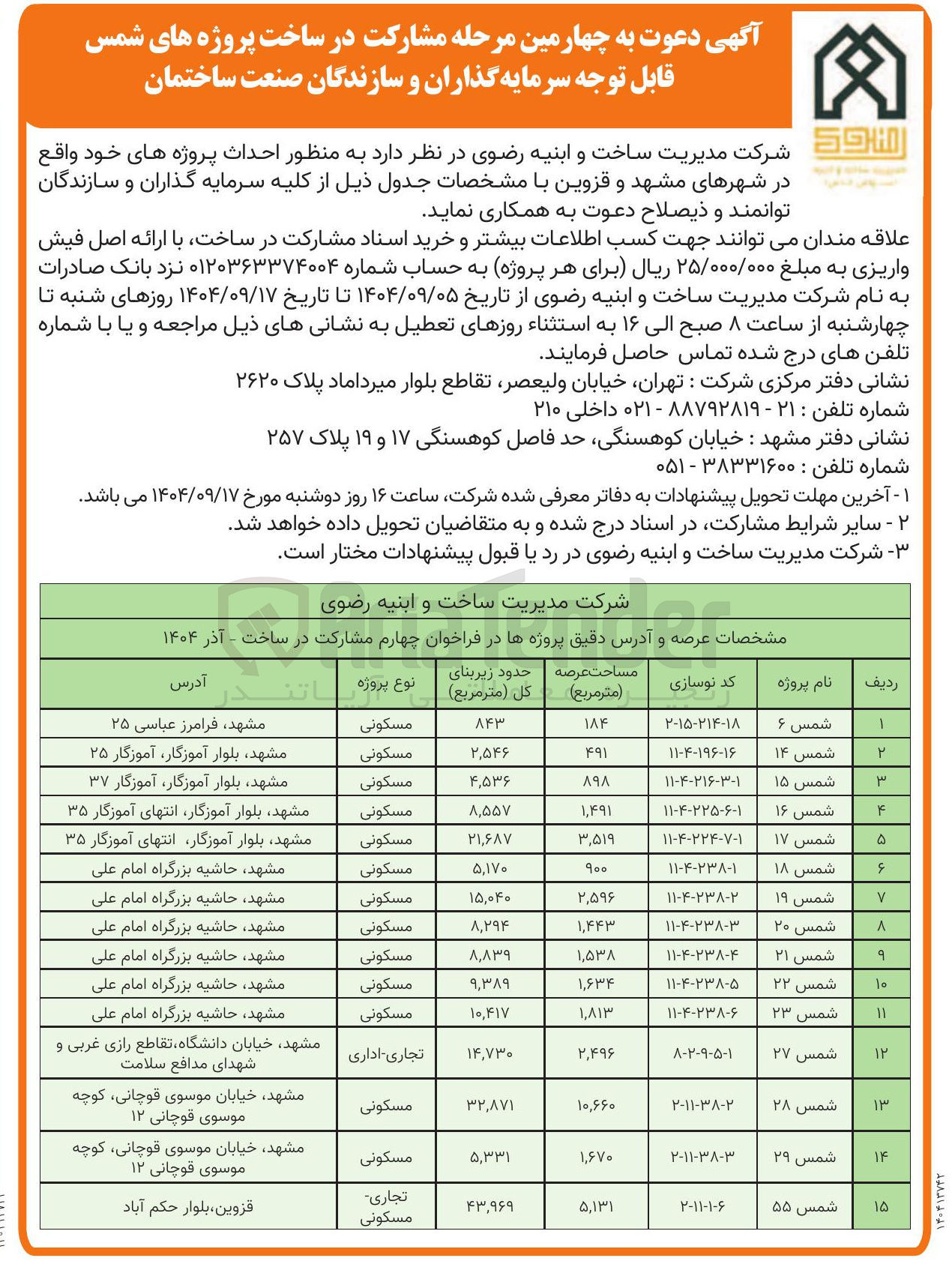 تصویر کوچک آگهی مشارکت در ساخت پروژه شمس 28 با کاربری مسکونی