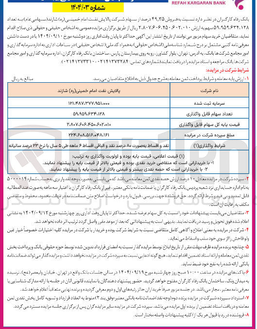 تصویر کوچک آگهی فروش ۳۵ ٫ ۴۹ درصد از سهام