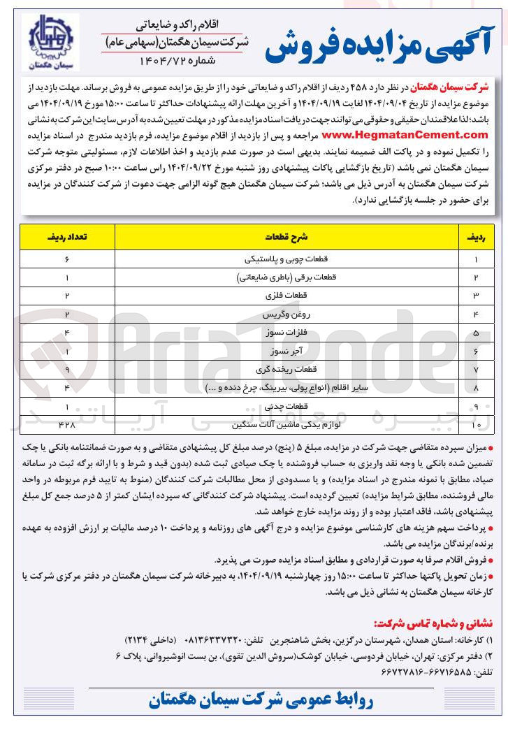 تصویر کوچک آگهی فروش  ۴۵۸ ردیف از اقلام راکد و ضایعاتی