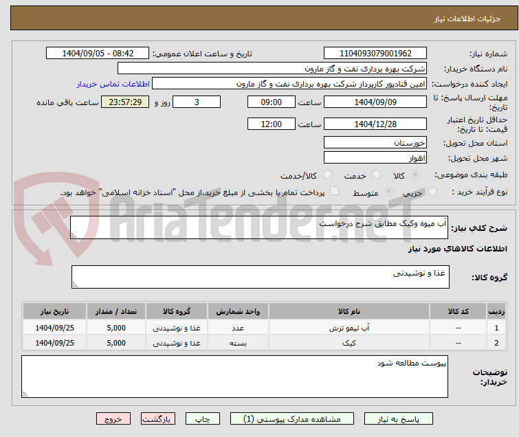تصویر کوچک آگهی آب میوه وکیک مطابق شرح درخواست