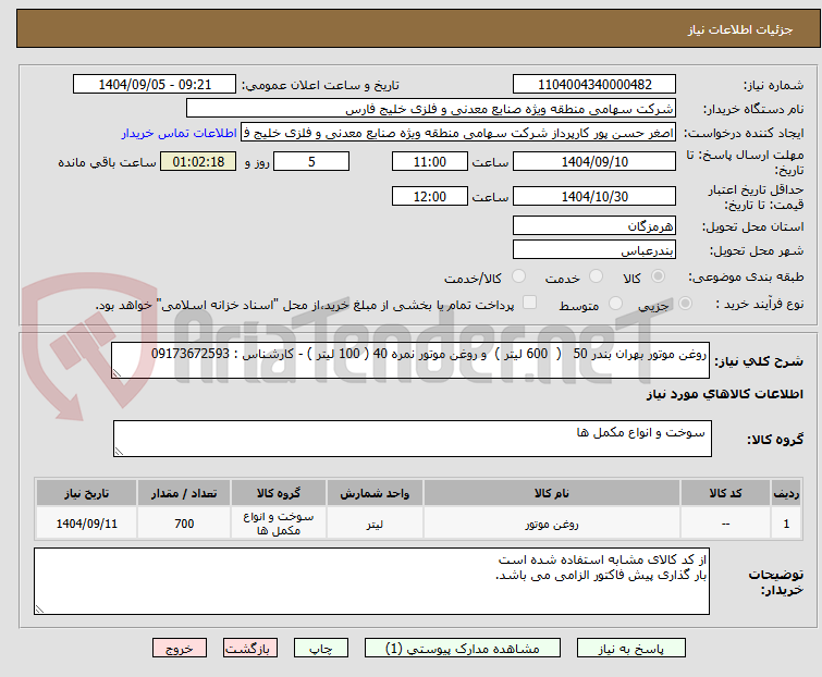 تصویر کوچک آگهی روغن موتور بهران بندر 50   (  600 لیتر )  و روغن موتور نمره 40 ( 100 لیتر ) - کارشناس : 09173672593
