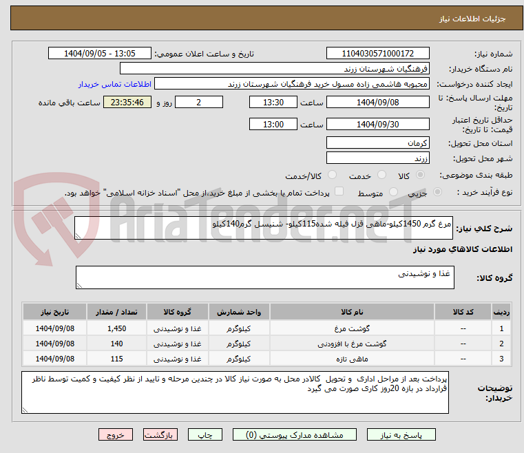تصویر کوچک آگهی مرغ گرم 1450کیلو-ماهی قزل فیله شده115کیلو- شنیسل گرم140کیلو 