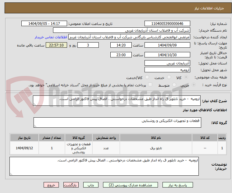 تصویر کوچک آگهی ارومیه  - خرید تابلوبر ق راه انداز طبق مشخصات درخواستی . الصاق پیش فاکتور الزامی است.