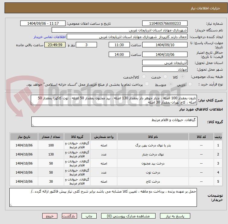 تصویر کوچک آگهی نارون بمقدار 100 اصله ، چنار جوهر دار بمقدار 130 اصله ، بید مجنون بمقدار 50 اصله ، توت کاکورا بمقدار 50 اصله ، کاج تهران بمقدار 30 اصله 