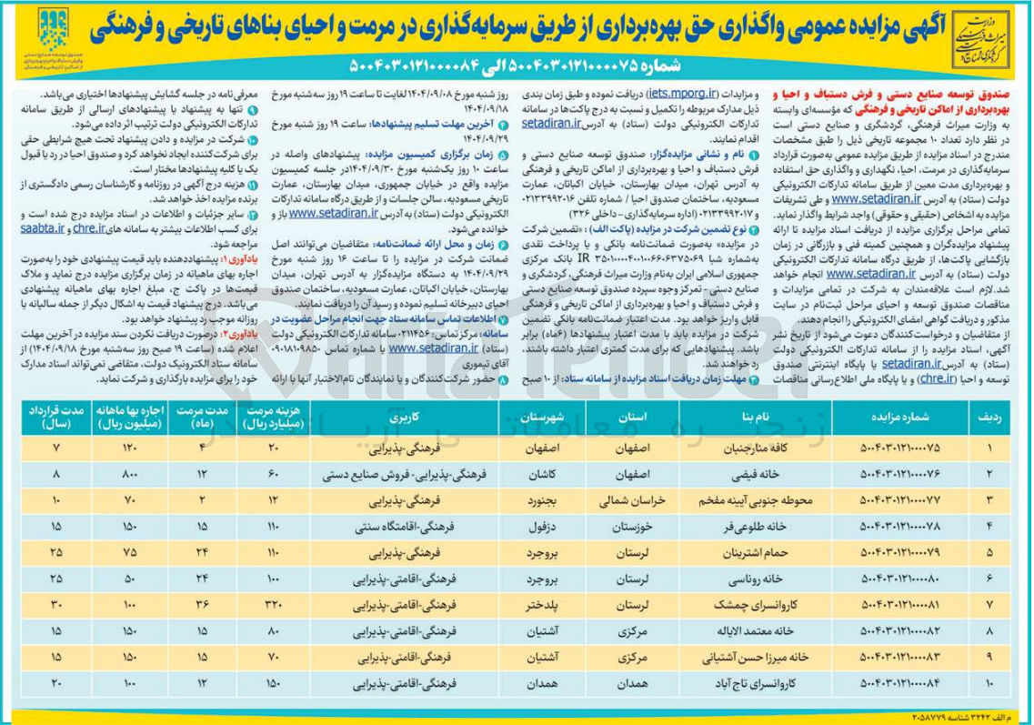 تصویر کوچک آگهی واگذاری حق بهره برداری از طریق سرمایه گذاری در مرمت و احیای بناهای تاریخی و فرهنگی
