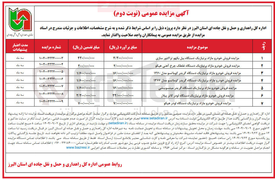 تصویر کوچک آگهی مزایده فروش خودرو مازاد بر نیاز یک دستگاه گریدر کوماتسو مدل ۱۳۶۰ 
